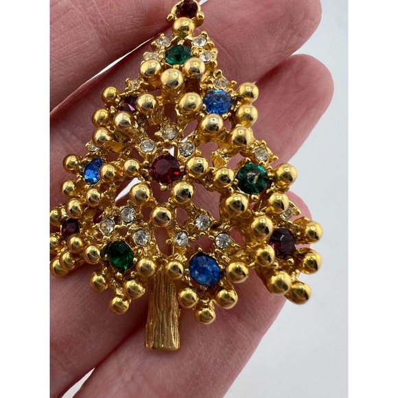 Vintage Gold Tone Christmas Tree Multi Rhinestones Brooch Pin - Picture 3 of 5
